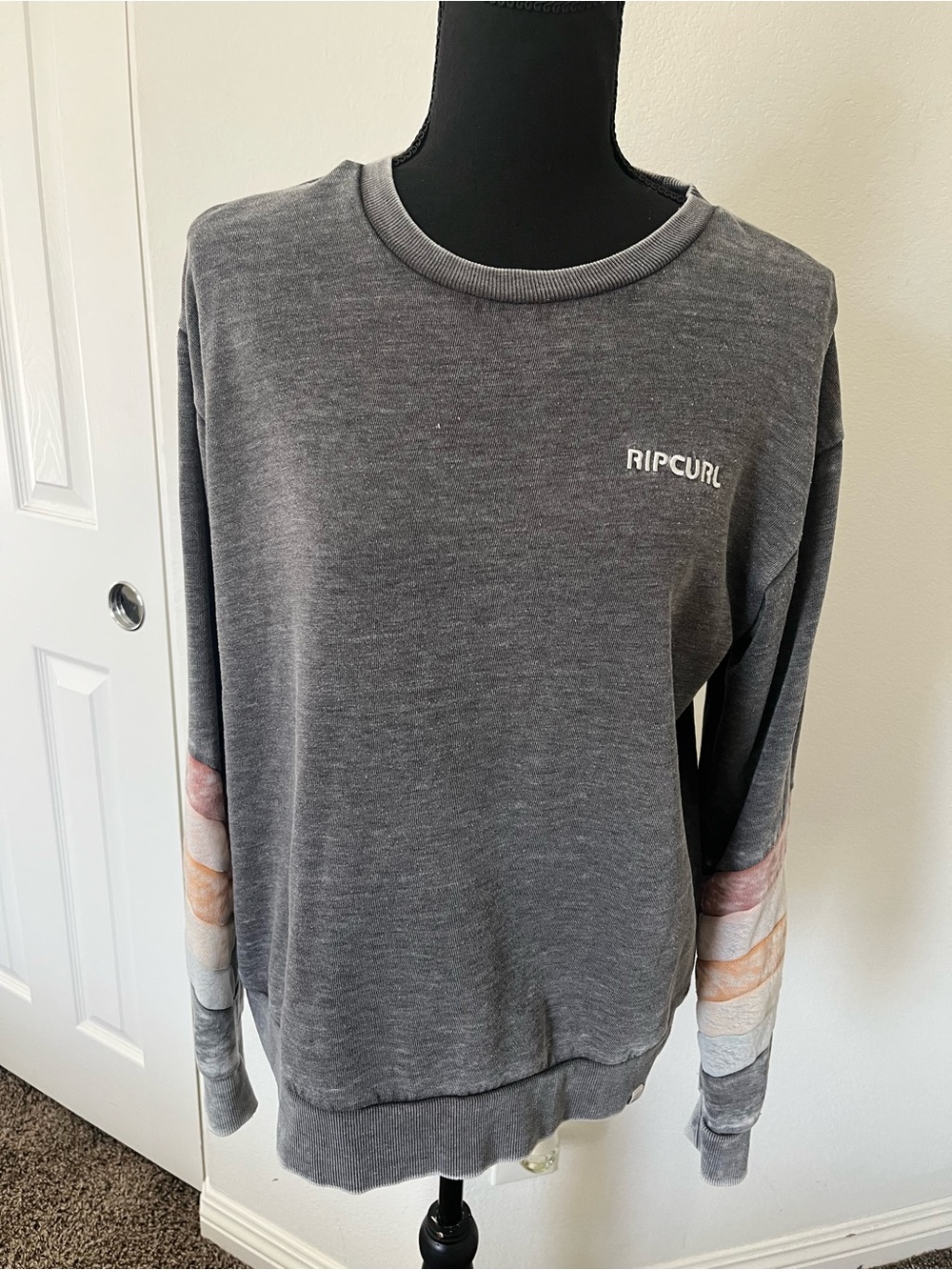 Rip Curl Charcoal Sweatshirt with Muted Pink and Peach Sleeve Stripes